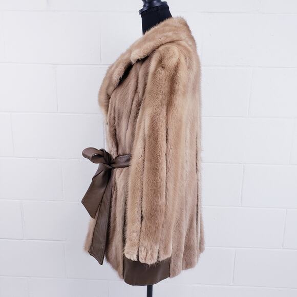 Vintage Tan Mink Leather Trim Coat Mid-Length 1960s Fur Coat - Picture 4 of 15